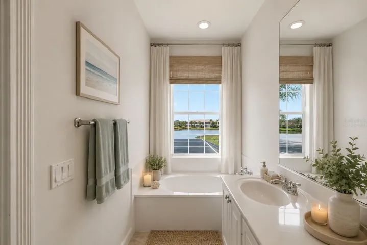Virtually staged primary bath.