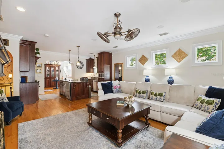 Family room with view to kitchen