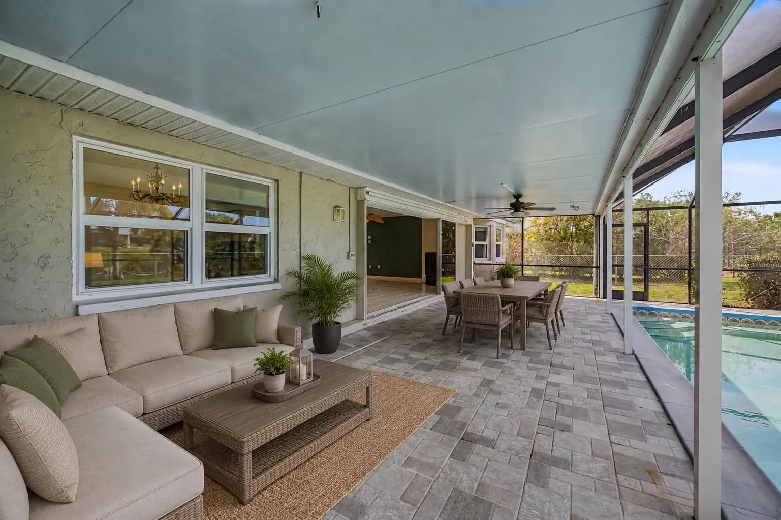 Virtually Staged 32ft Wide Outdoor Covered Lanai Area