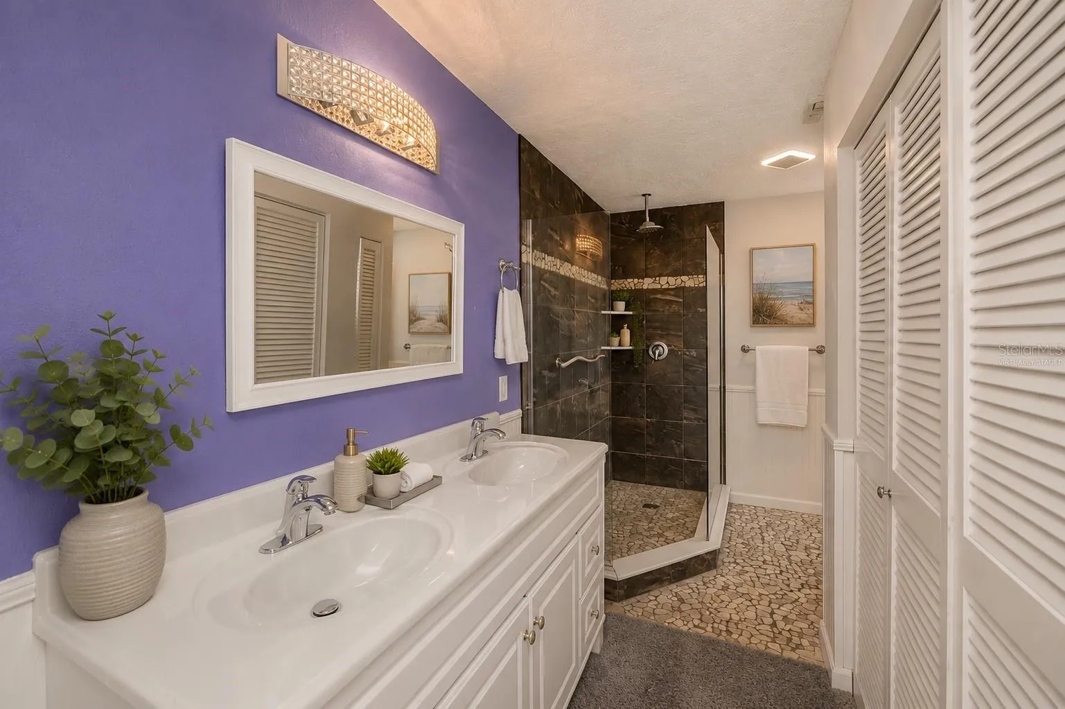 Virtually Staged Primary Bathroom with Dual Vanity and Walk-In Shower