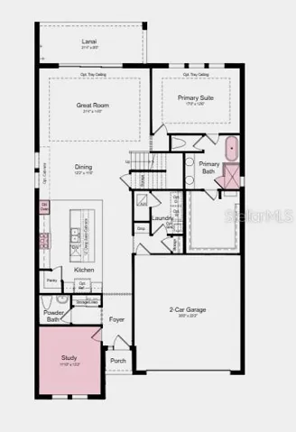 Floor 1 ~ Additional Highlights Include: gourmet kitchen, tray ceiling package, game room, interior 8' doors, pocket sliding glass door in gathering room, pre-plumb for laundry tub, study, apron front kitchen sink, extra flush mount lighting throughout, three kitchen pendant lights, upgraded quartz countertops, upgraded luxury vinyl flooring throughout first floor, and upgraded cabinets throughout with 42" cabinets in the kitchen