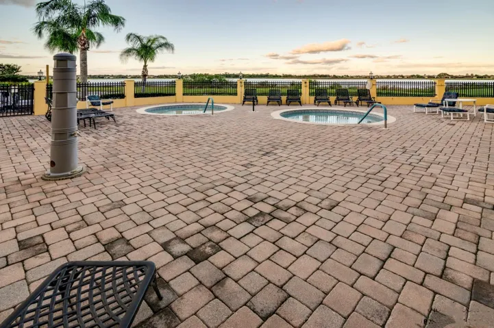 The Health and Fitness Center's spa patio is just outside the indoor pool.