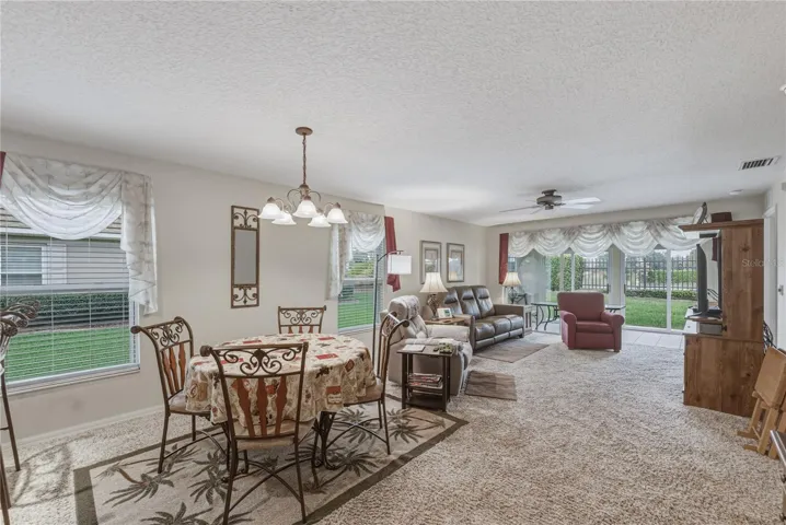 The combination dining and living room space is very flexible.