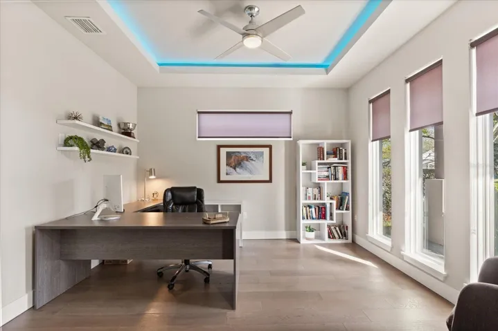 ceiling lighting throughout can be changed to many different color options or neutral.