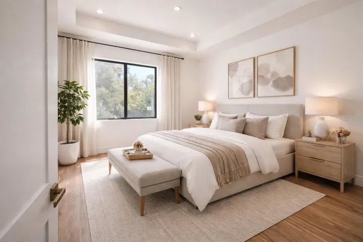 Virtually Staged. Comfortable bedroom with a functional layout, offering a peaceful and inviting atmosphere. Well-sized space with natural light, perfect for rest and relaxation.
