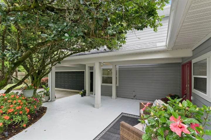 Whimsical landscaping matches the home's curb appeal.
