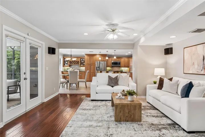 Living area flows seamlessly into the dining area and kitchen.