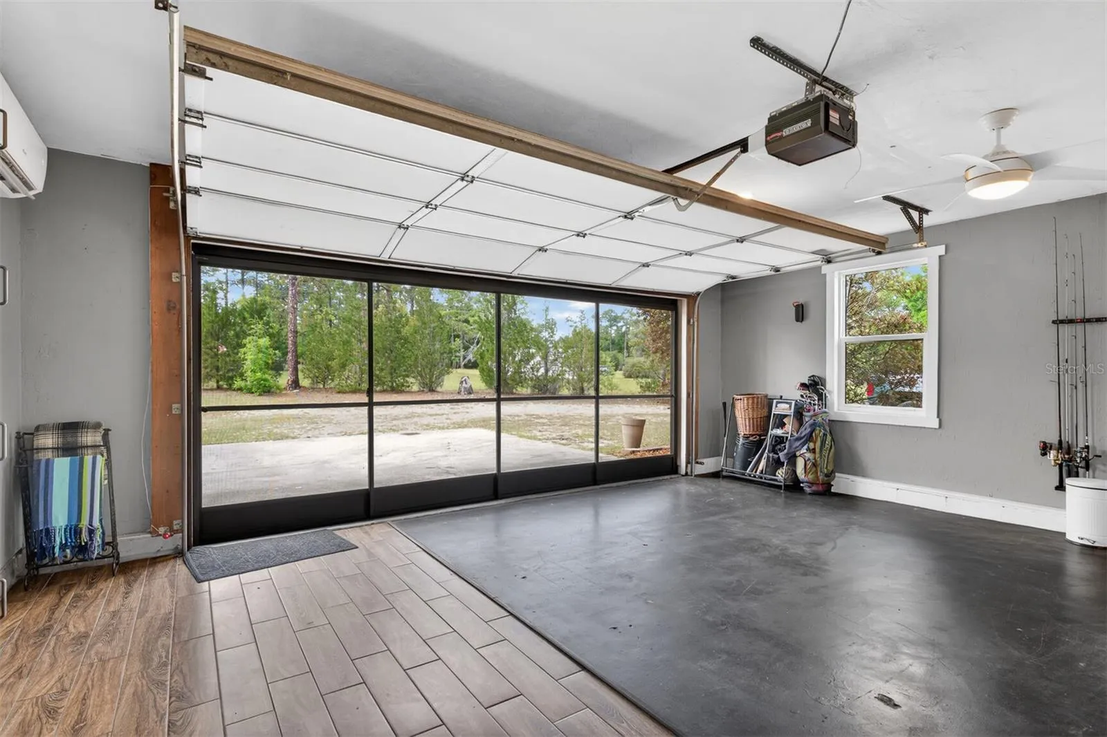 Garage space with insulated door up