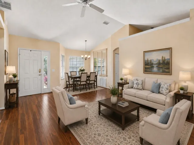 Virtually Staged-Interior entry greets you with high ceilings, engineered wood flooring overlooking the dining and family rooms.