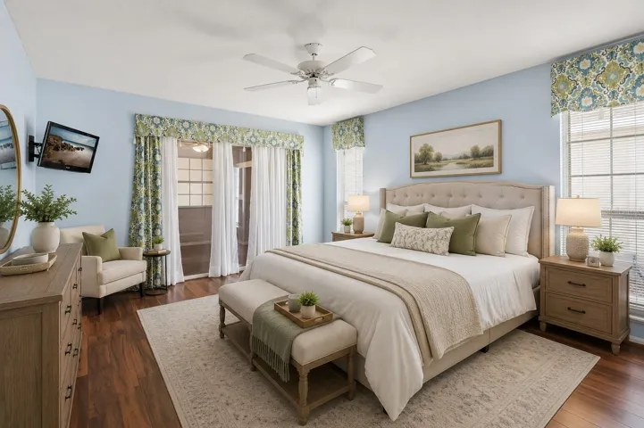 Virtually Staged-Primary suite features engineered wood flooring with sliders leads to Family Room