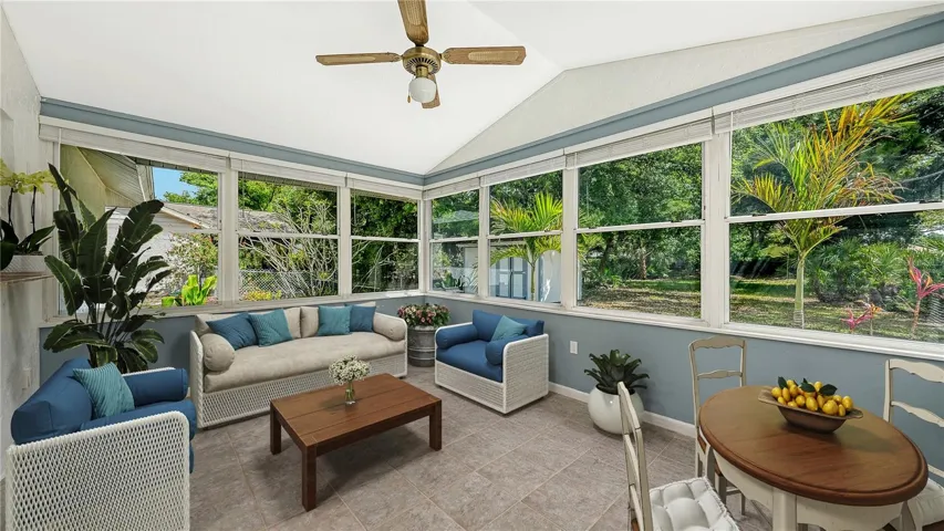 virtually staged family room with nature views