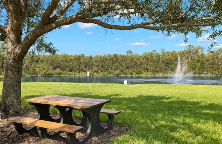 lake area with picnic tables