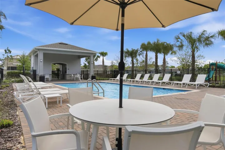 community pool with umbrella seating