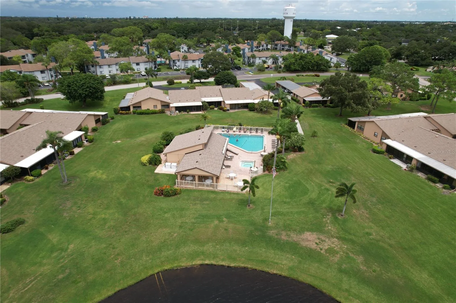 Aerial of the clubhouse and resort style pool