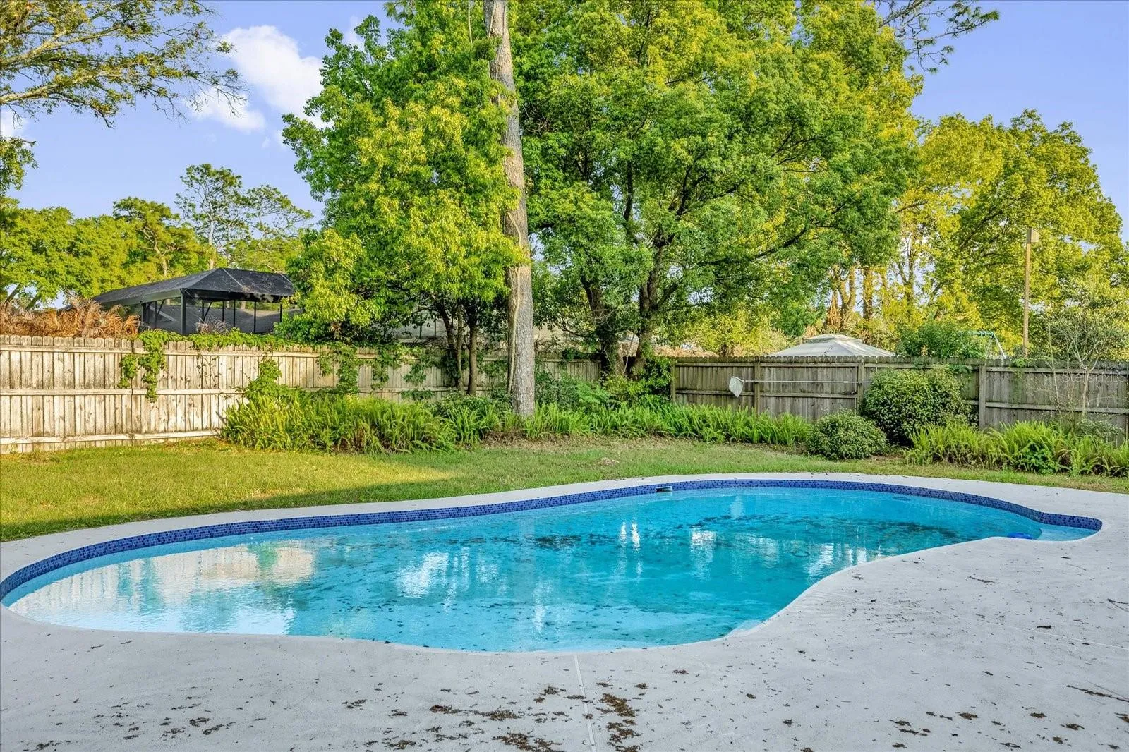 Private pool with freshly painted concrete deck.
