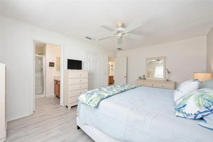 View of PRIMARY SUITE - Doorway into ENSUITE BATHROOM (on L), closed CLOSET DOOR (Center) and open doorway to Hallway