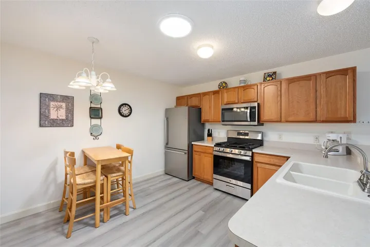 Looking into the L Shaped KITCHEN view - Shows eat-in area (L), OAK CABINETS (back wall), DUAL BASIN SINK (far R), and SOLAR TUBE (center of ceiling)