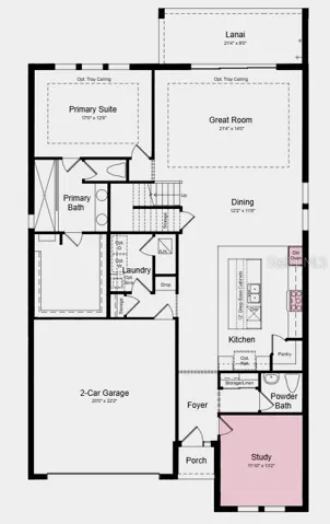 First Floor - Additional Highlights Include: a study in place of a flex room, an outdoor kitchen rough-in, gourmet kitchen, tray ceiling package, pocket glass sliding door out to the covered lanai, and impact windows throughout the home