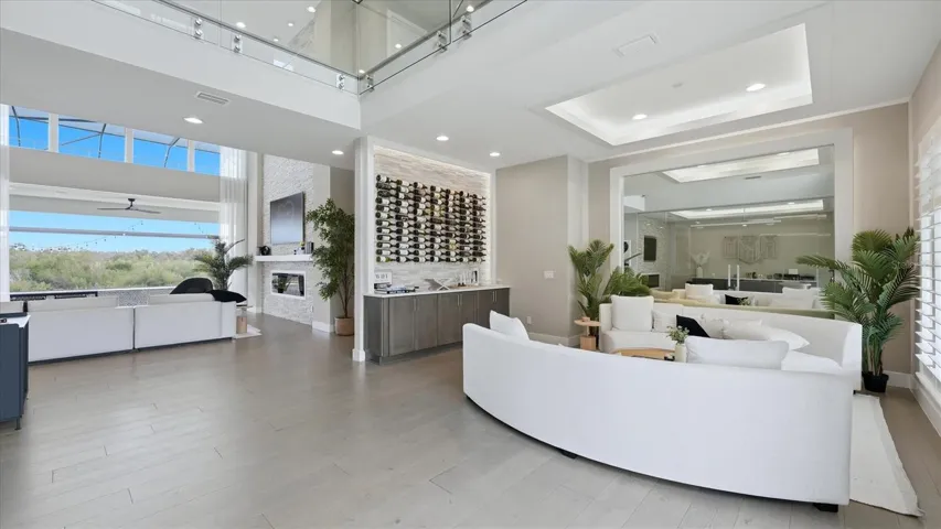 living room with wine wall