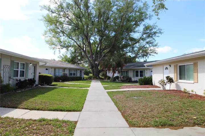 Walkway from covered parking to condo, at back right under a beautiful shade tree.