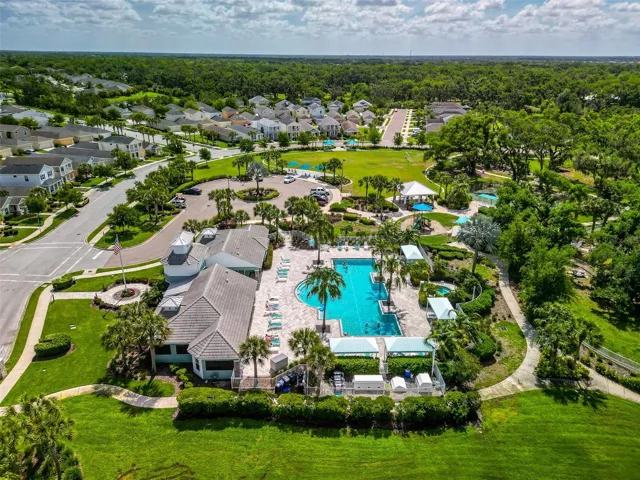 Aerial of resort style pool and amenity center