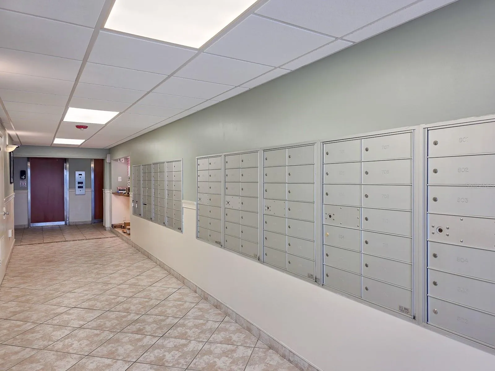 Community mailboxes, bathrooms, sauna, bulletin board, office.....