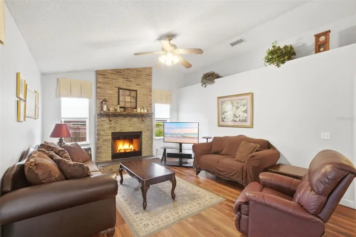 Family room with wood fireplace