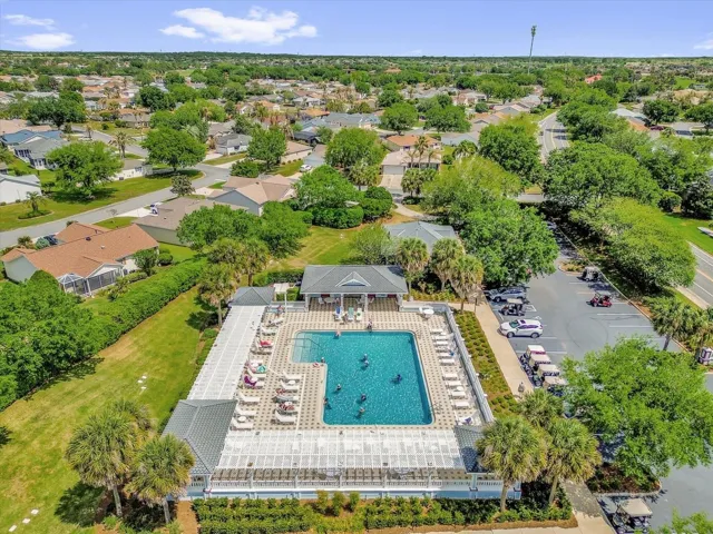 Aerial view of the Liberty Park Pool Complex featuring resort-style pool, lounge seating, and gathering areas.