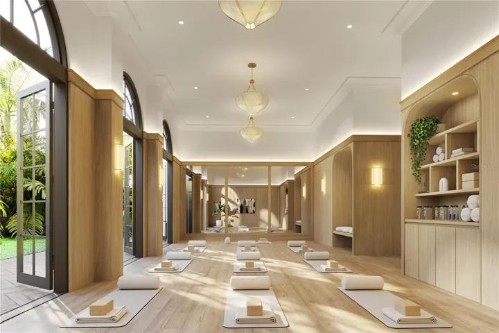 The Movement Studio at Mira Mar offers a beautifully designed wellness space for yoga, stretching, and fitness, creating a serene environment for residents to focus on heath and well-being.
