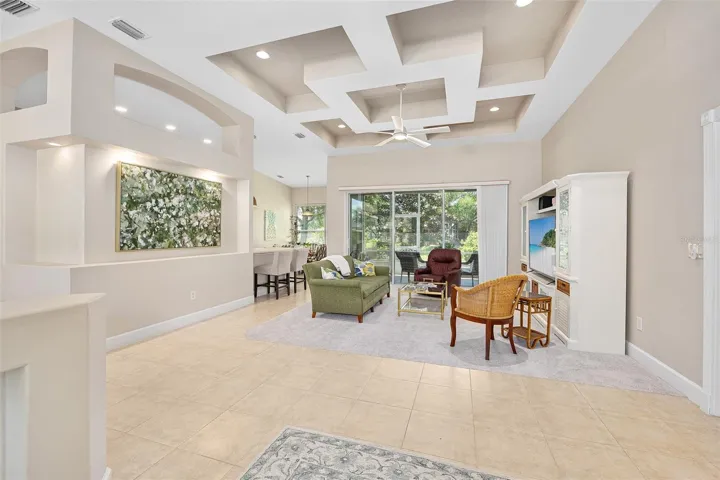 Beautiful two tone, lighted coffered ceiling