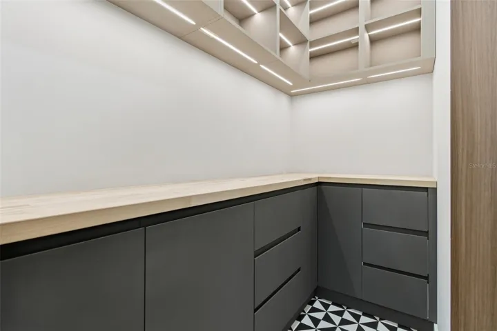 Walk-in pantry with custom shelving and cabinetry