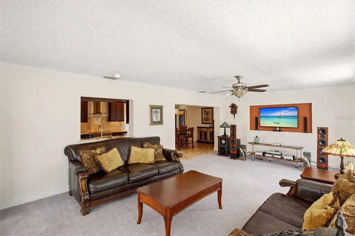 Living room showing pass through to kitchen