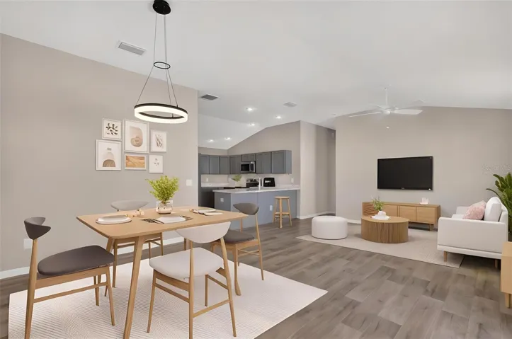 Kitchen, Living, and Dining Rooms-Virtually Staged