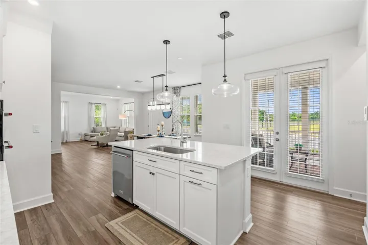 Kitchen view into Open living space