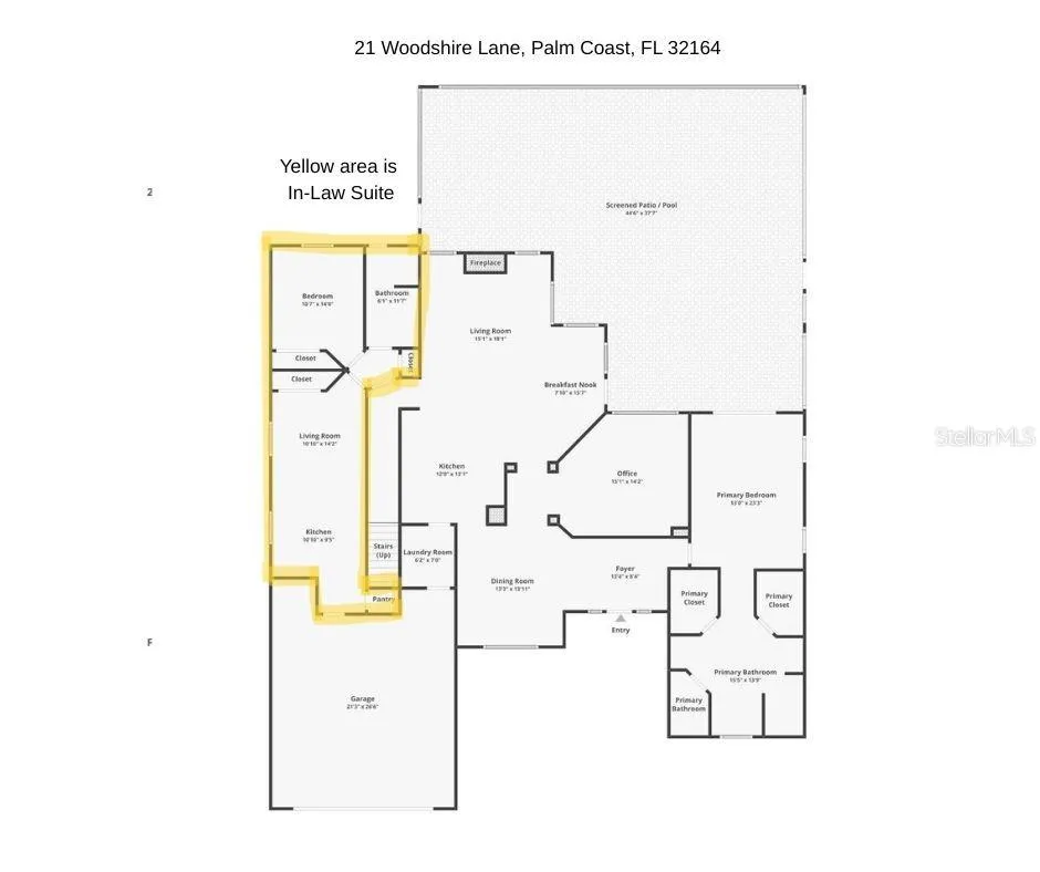 1st floor with In-Law Suite area highlighted in yellow