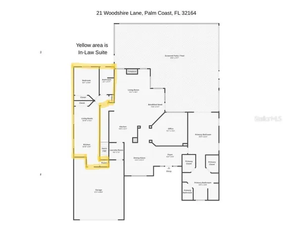 1st floor with In-Law Suite area highlighted in yellow