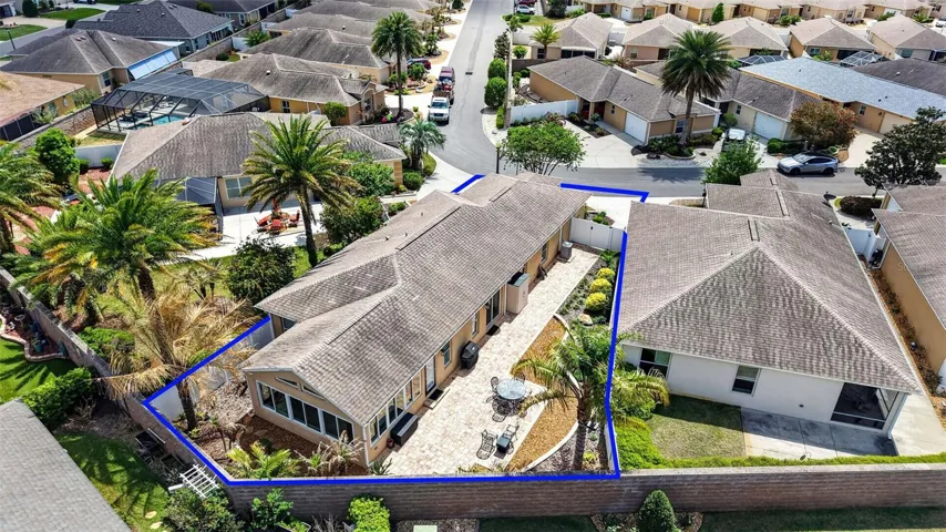 Aerial with Property Lines, Side Patio, PRIVACY Wall and Fencing, and ROOM FOR A POOL!