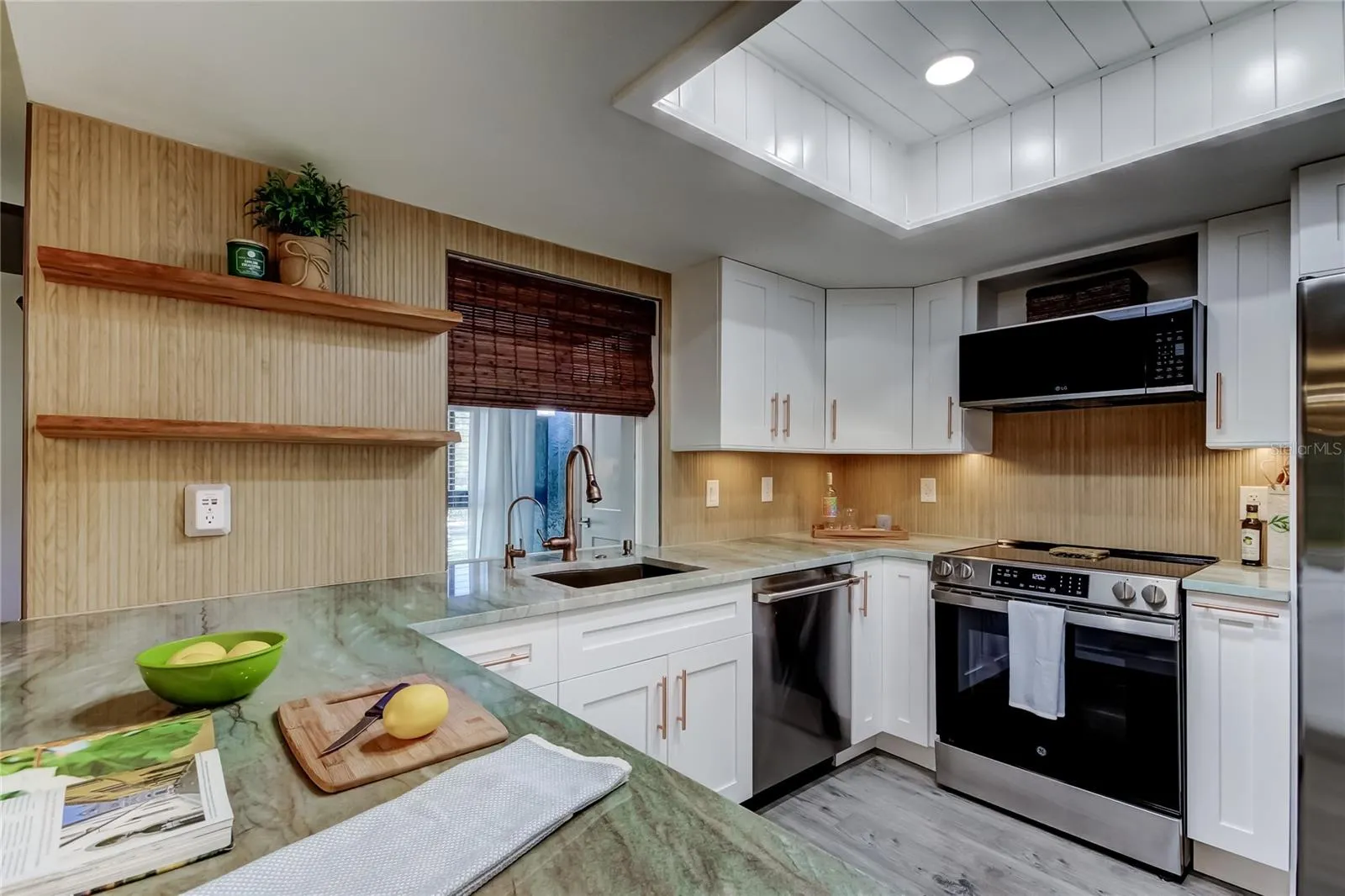 DESIGNER KITCHEN Custom Scandanavian Inspired Kitchen Backsplash Blends Beautifully w/Quartzite Counters, Copper Fixtures &amp; Brass Hardware. (10.11x9.4)
