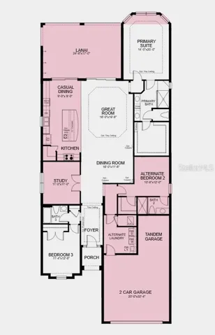 Floor Plan -  Additional Highlights Include: pool included, tray ceiling package, tandem garage, gourmet kitchen with casual dining extension, 10' ceilings, 8' interior doors, bay window in the primary suite, study in place of flex room, covered extended lanai, outdoor kitchen rough in, pocket door at foyer by bedroom hall, impact glass windows and laundry sink