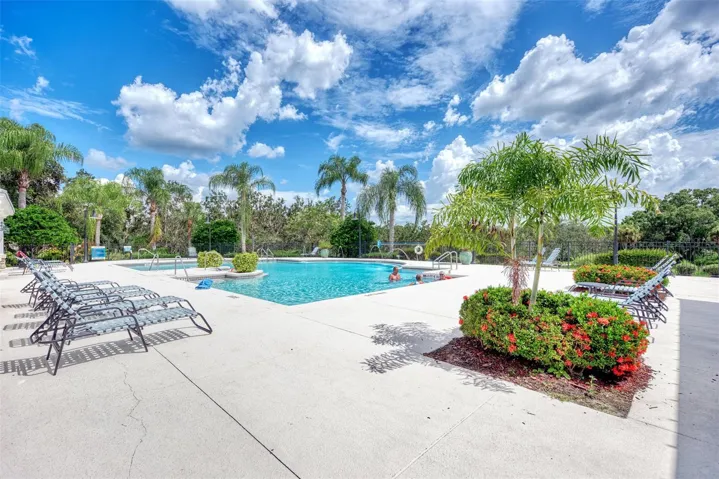 River's Reach Community Pool and Spa area set among tropical mature trees.