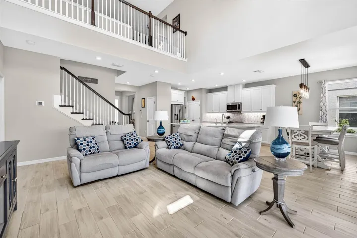 The living room is the show stopper with soaring ceilings.