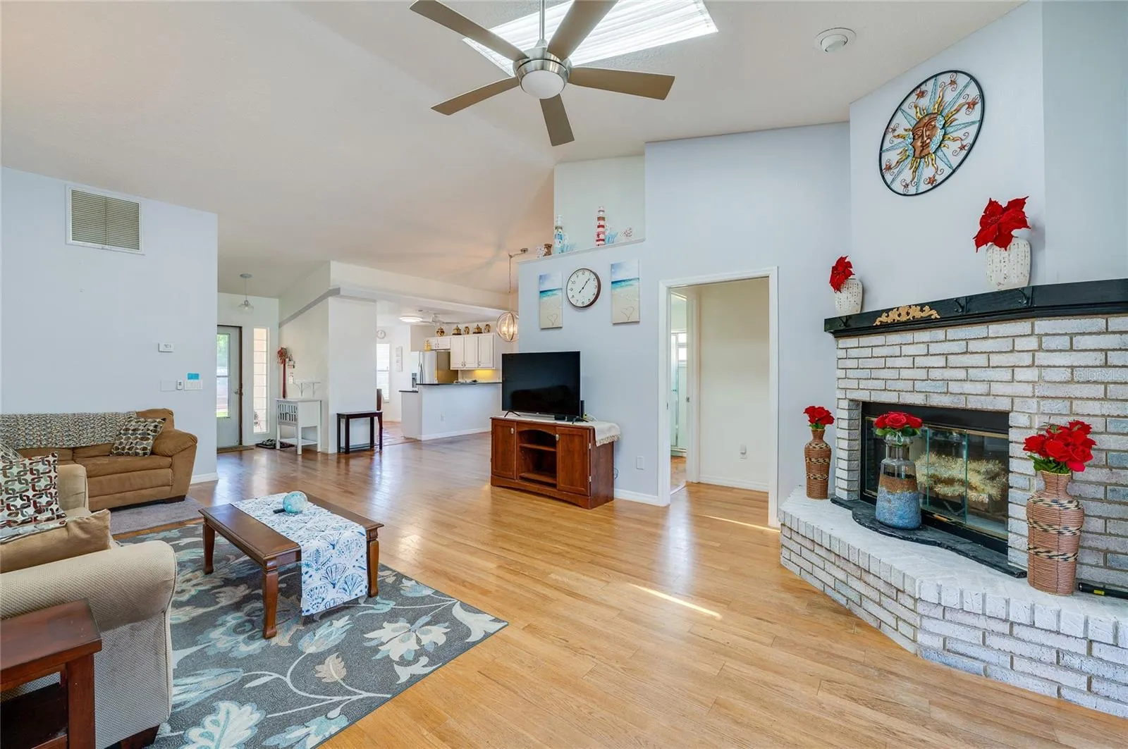 Living room with wood-burning fireplace