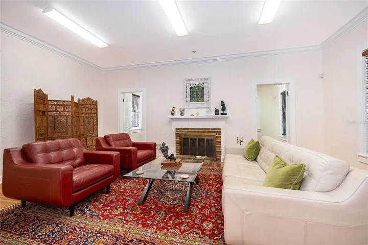 Lobby with fireplace