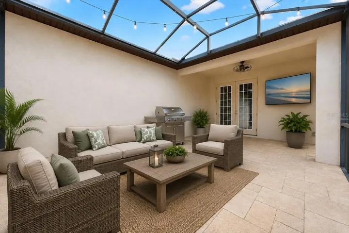 Extended screened lanai.  Virtually Staged.