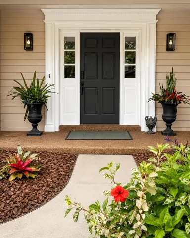 Grand, inviting entry highlighted by detailed millwork, designer lighting, and a striking front door- an elegant introduction to the home.