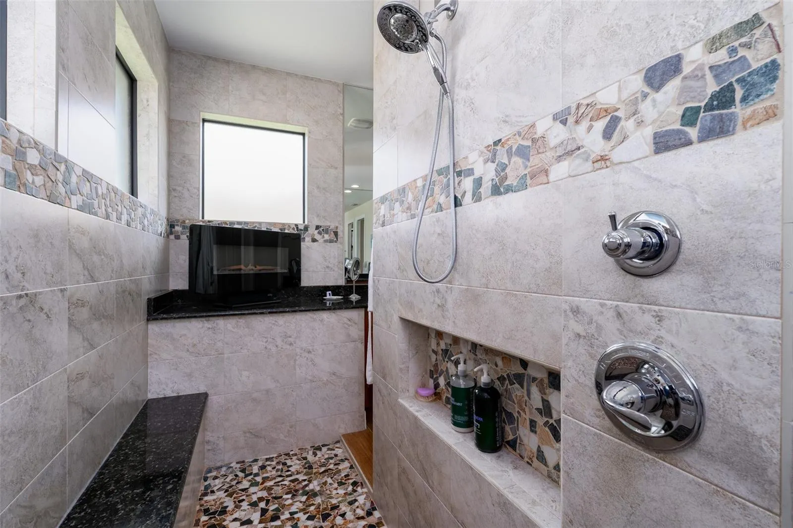 Tile accents and natural light with bimini shades