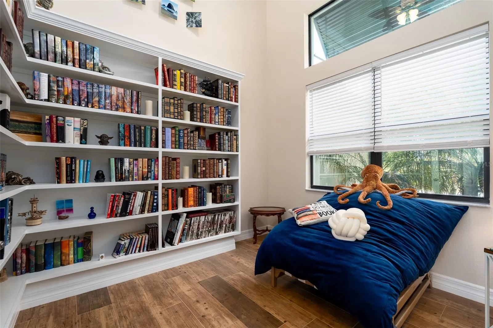 Library with bookcases, large windows and bimini shades