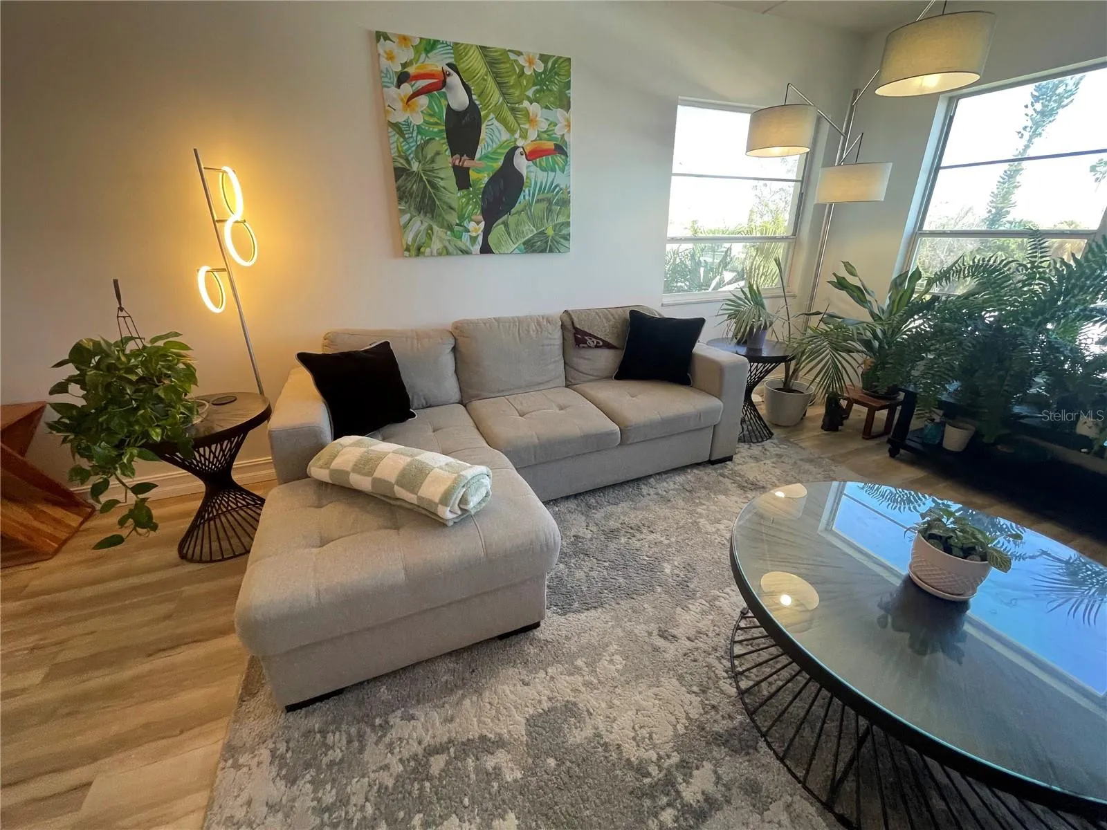Expansive living room filled with light