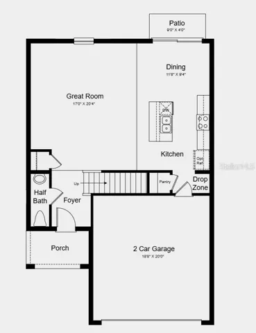 First Floor Plan - Additional Highlights Include: GE refrigerator, washer and dryer, extended flooring, and whole house blinds