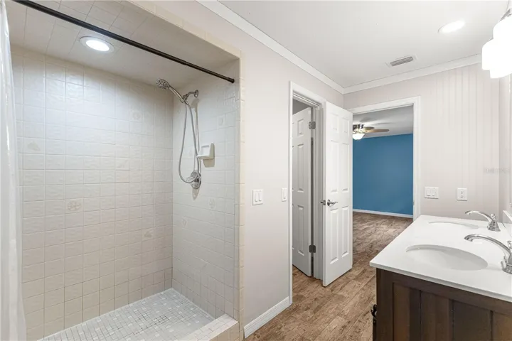 view of primary bathroom and entry to walk-in closet